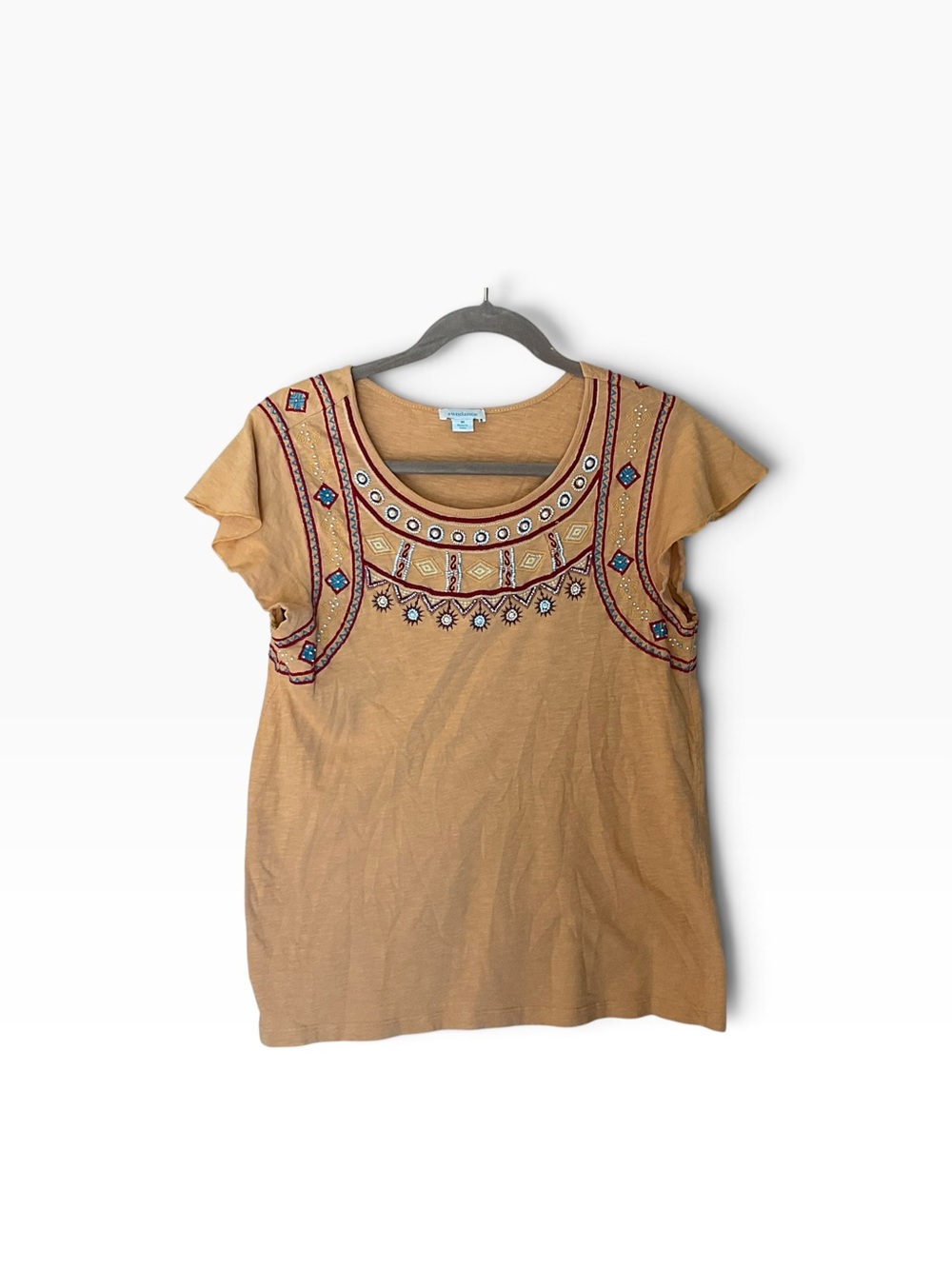 Sundance Size M Embroidered Boho Cotton Short Sleeve Top Tan